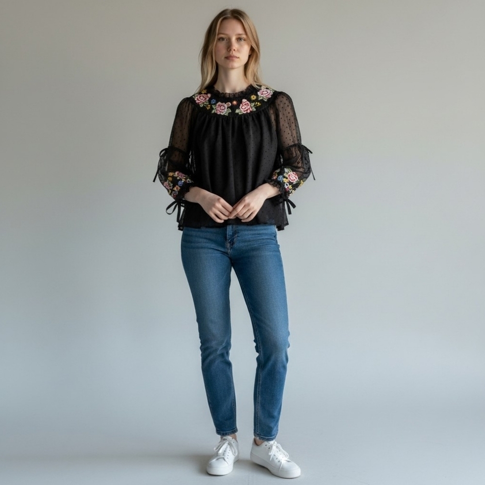 Altar'd State Black Sheer Swiss Dot Floral Embroidered Boho Blouse Balloon Sleev